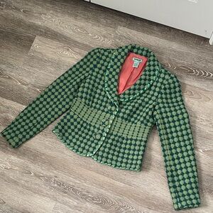 Womens Green Houndstooth Cropped Blazer with Coral Lining